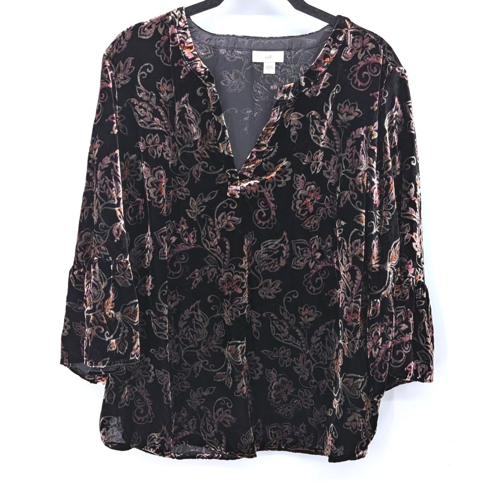 J Jill Velvet Blouse Women Large Black Floral Paisley Bell Sleeve V-Neck Top